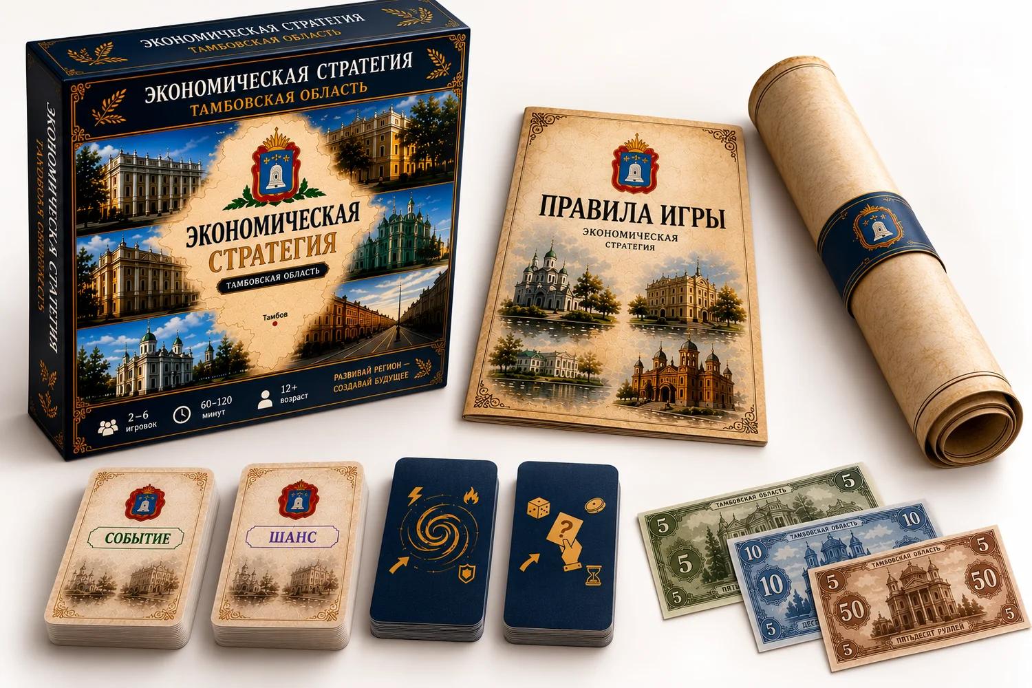 Компоненты настольной игры: поле, карточки и игровые деньги